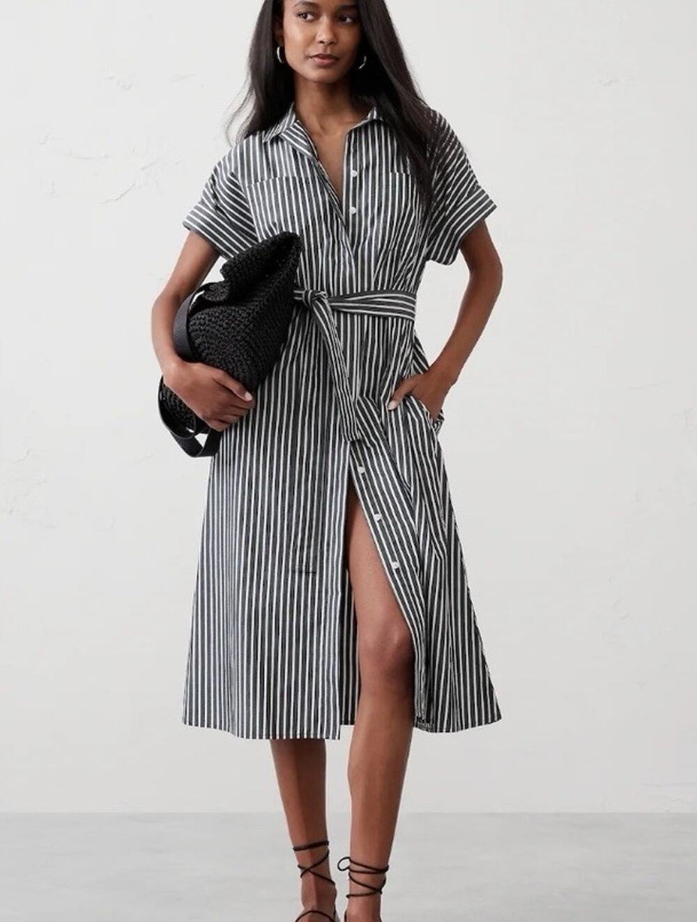 Banana Republic Brown White Striped Cotton Poplin Midi Shirt Dress XS